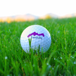 A close up of a white golf ball imprinted with a Foothills logo on a golf tee surrounded by green grass