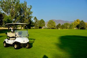 A golf cart parked on a golf fairway with mountains and trees in the background